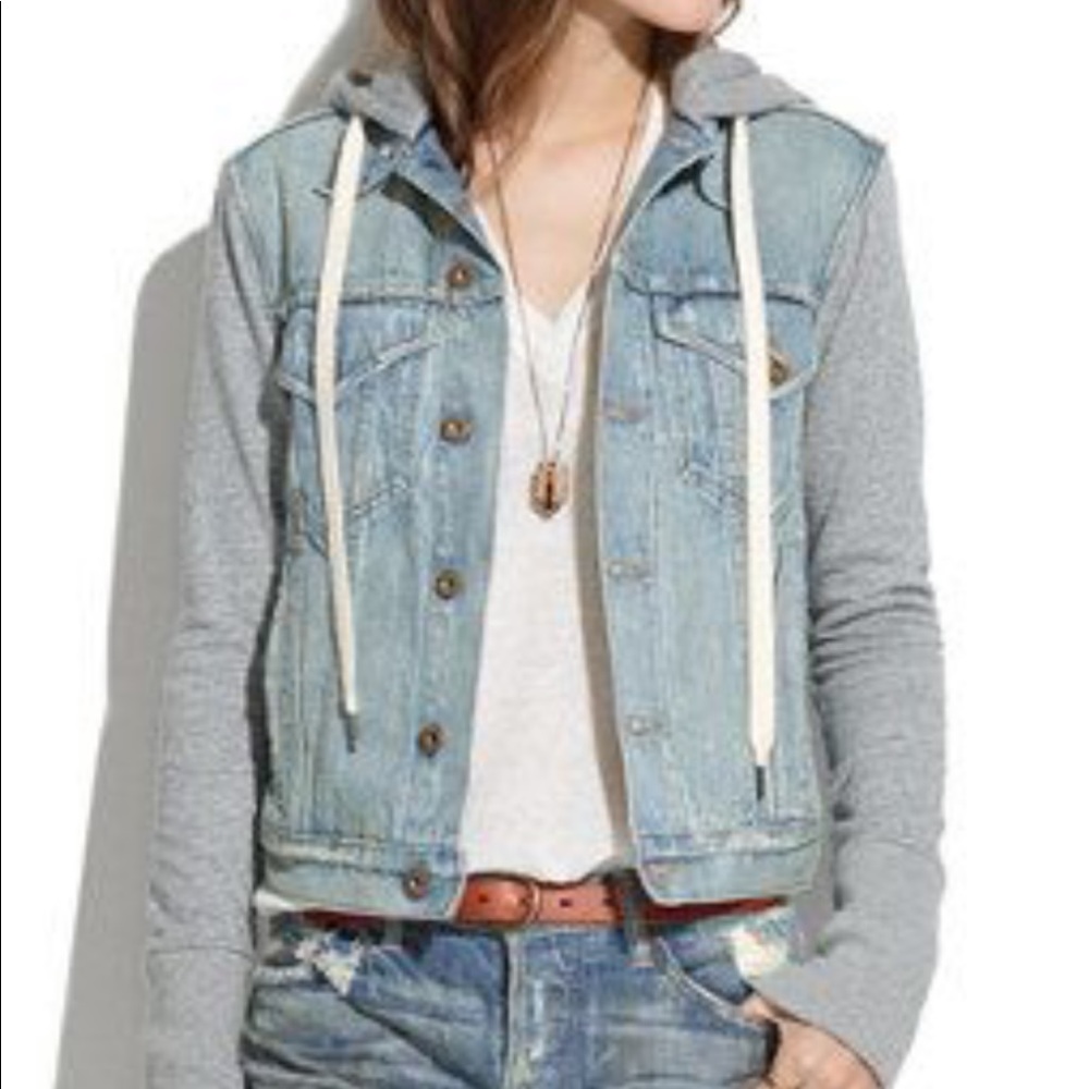 Jean jacket with soft grey sleeves and hood